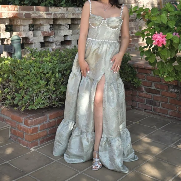 green emerald velvet dress The Vivian Dress in Sage Windsor Brocade 12 / Sage Windsor Brocade main image 0